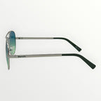 Sunglasses with green gradient lenses and black arms on a white background