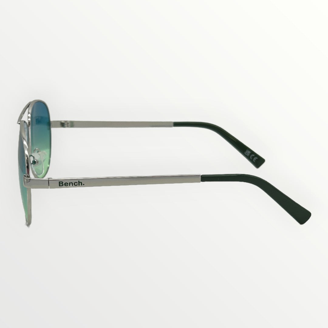 Sunglasses with green gradient lenses and black arms on a white background