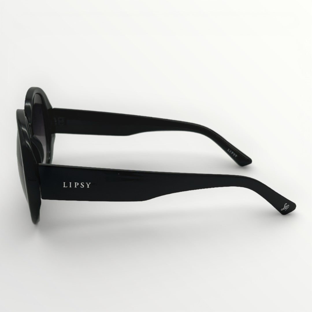 Black sunglasses with 'LIPSY' branding on a white background