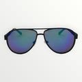 Sunglasses with black frame and blue-tinted lenses on a white background