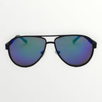 Sunglasses with black frame and blue-tinted lenses on a white background