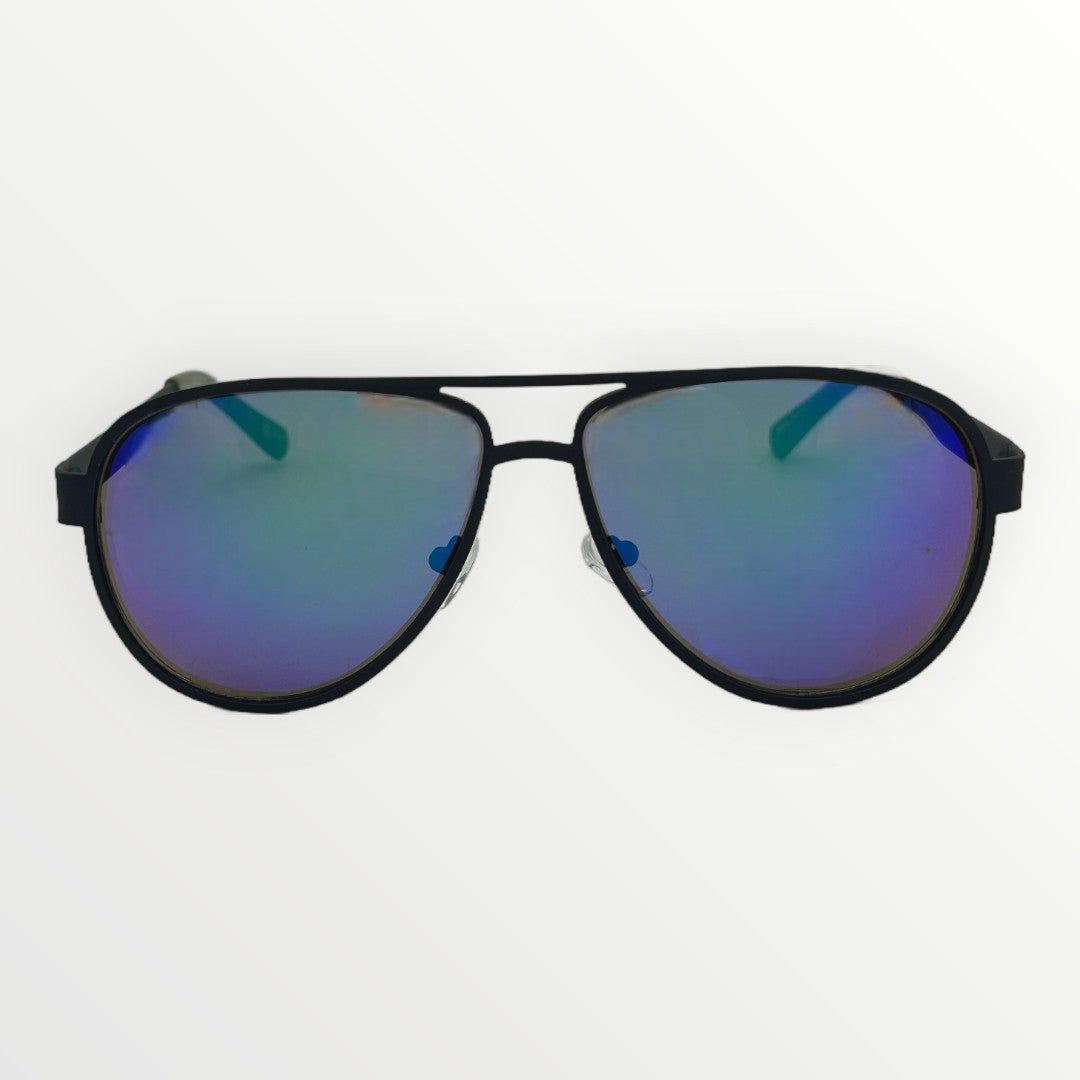 Sunglasses with black frame and blue-tinted lenses on a white background