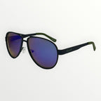 Sunglasses with black frame and blue-tinted lenses on a white background