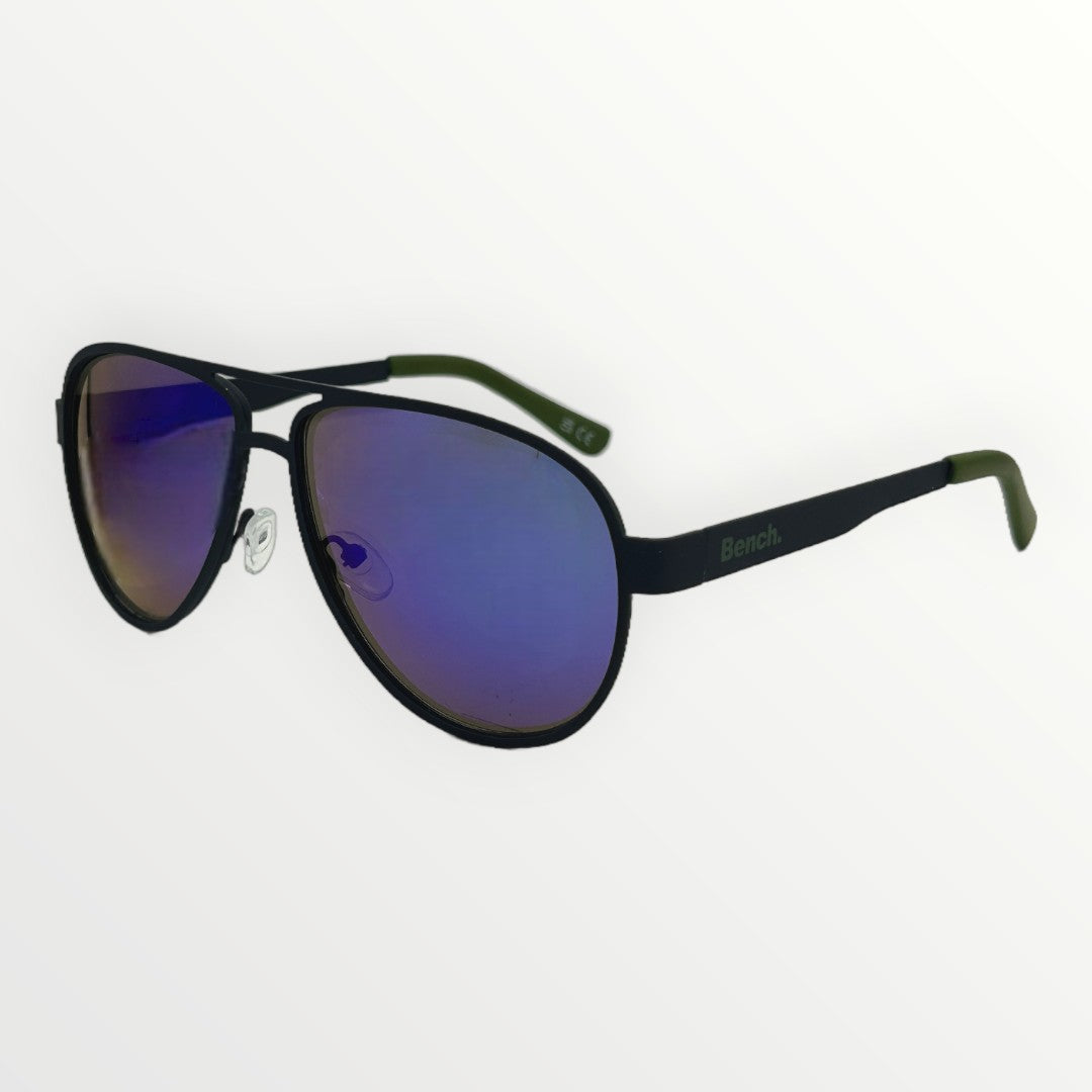Sunglasses with black frame and blue-tinted lenses on a white background