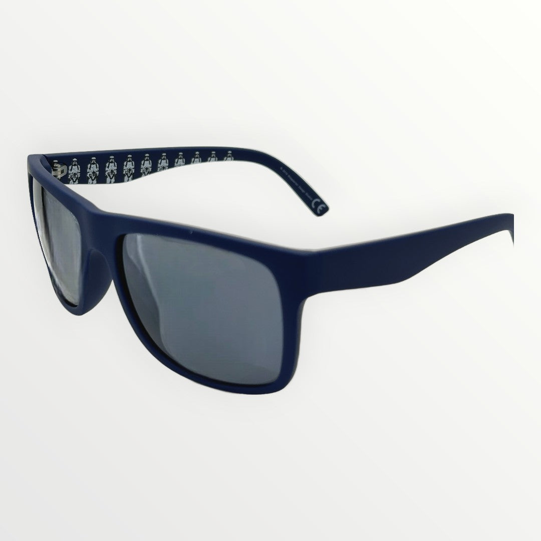 Navy blue sunglasses with a white pattern on the frame against a white background