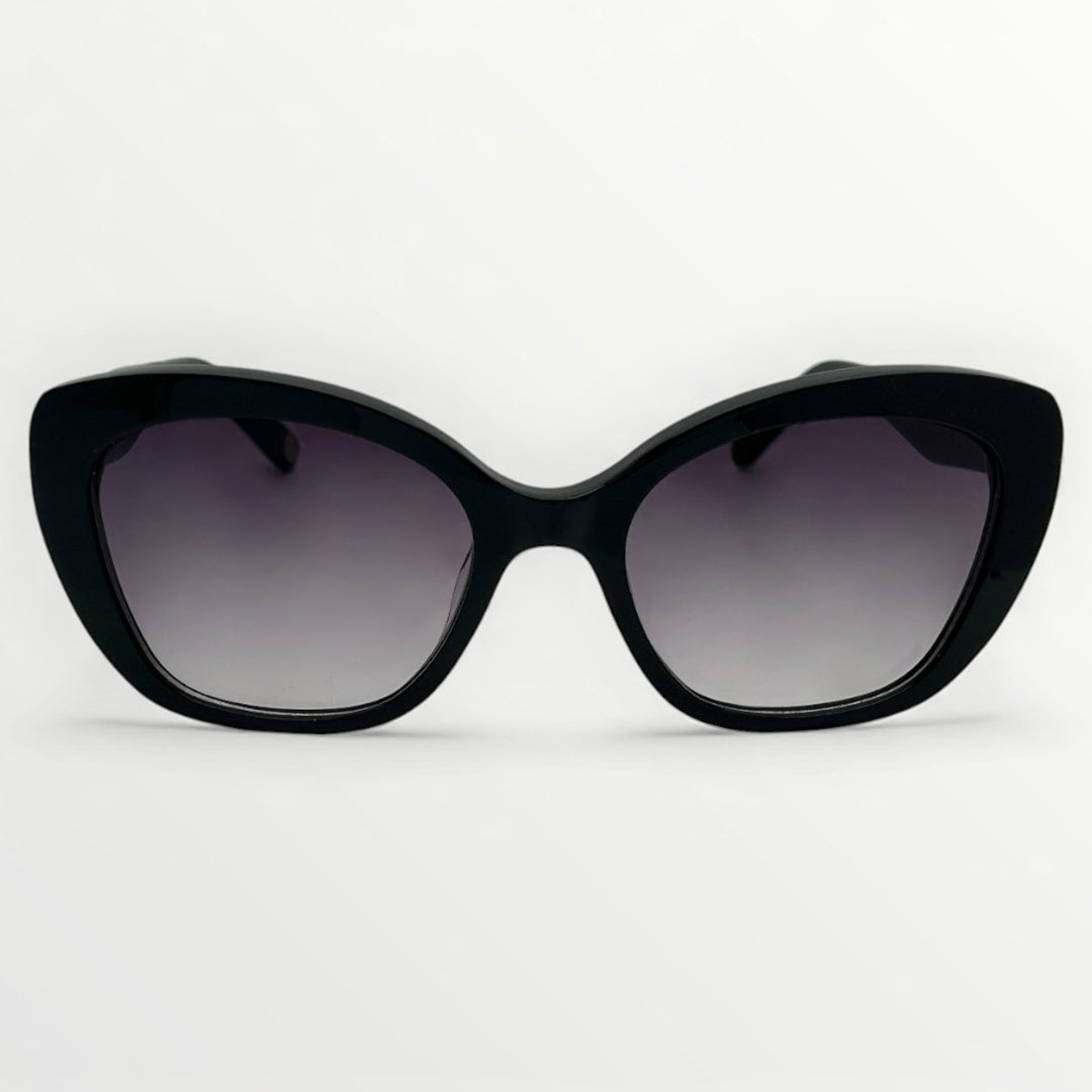 Black cat-eye sunglasses with gradient lenses on a white background