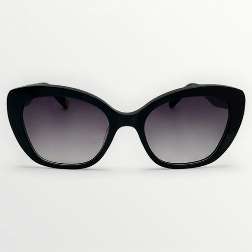 Black cat-eye sunglasses with gradient lenses on a white background