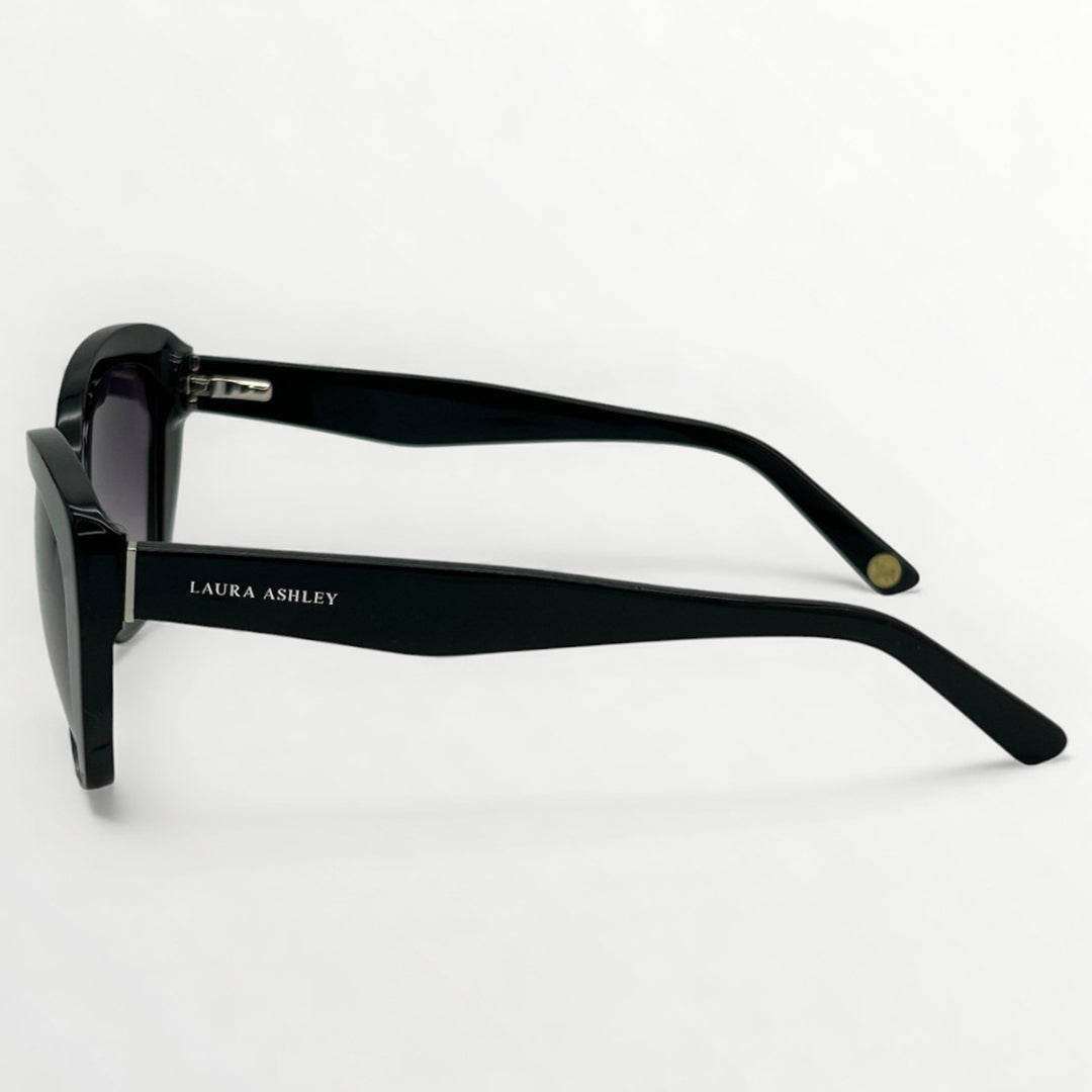Black sunglasses with 'Laura Ashley' branding on a white background