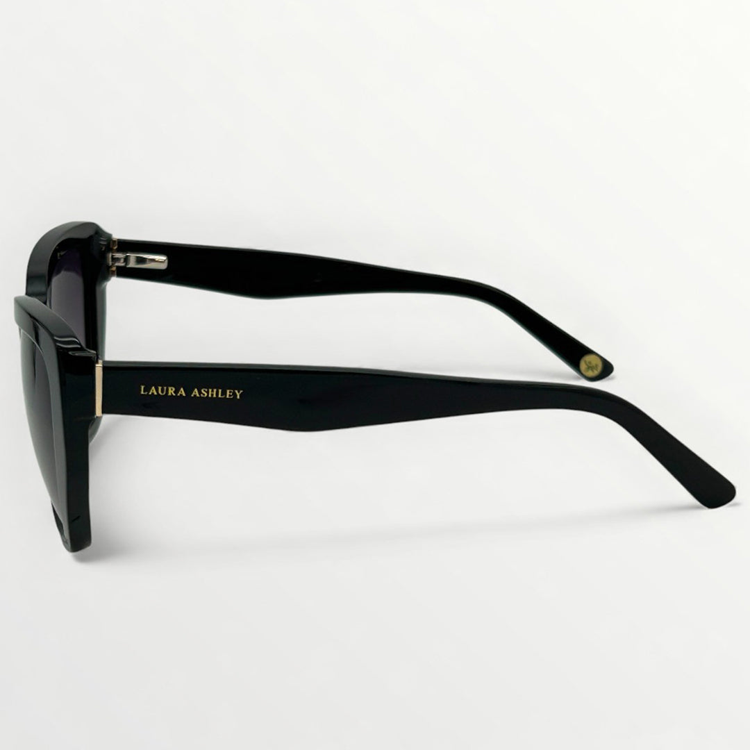 Black sunglasses with 'Laura Ashley' branding on a white background