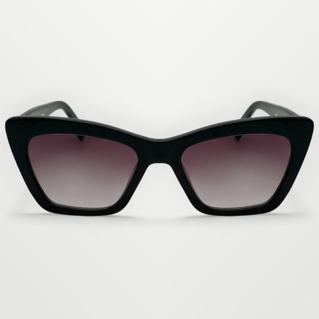 Black cat-eye sunglasses with gradient lenses on a white background