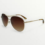 Gold-framed sunglasses with brown gradient lenses on a white background