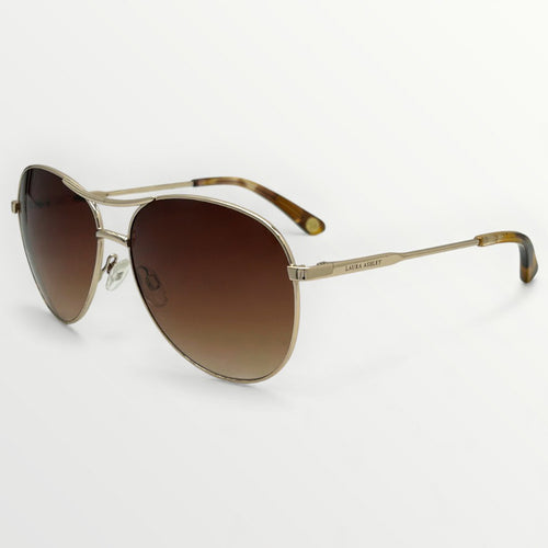 Gold-framed sunglasses with brown gradient lenses on a white background