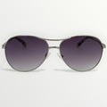 Sunglasses with a gradient purple lens on a white background