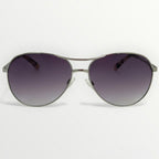 Sunglasses with a gradient purple lens on a white background