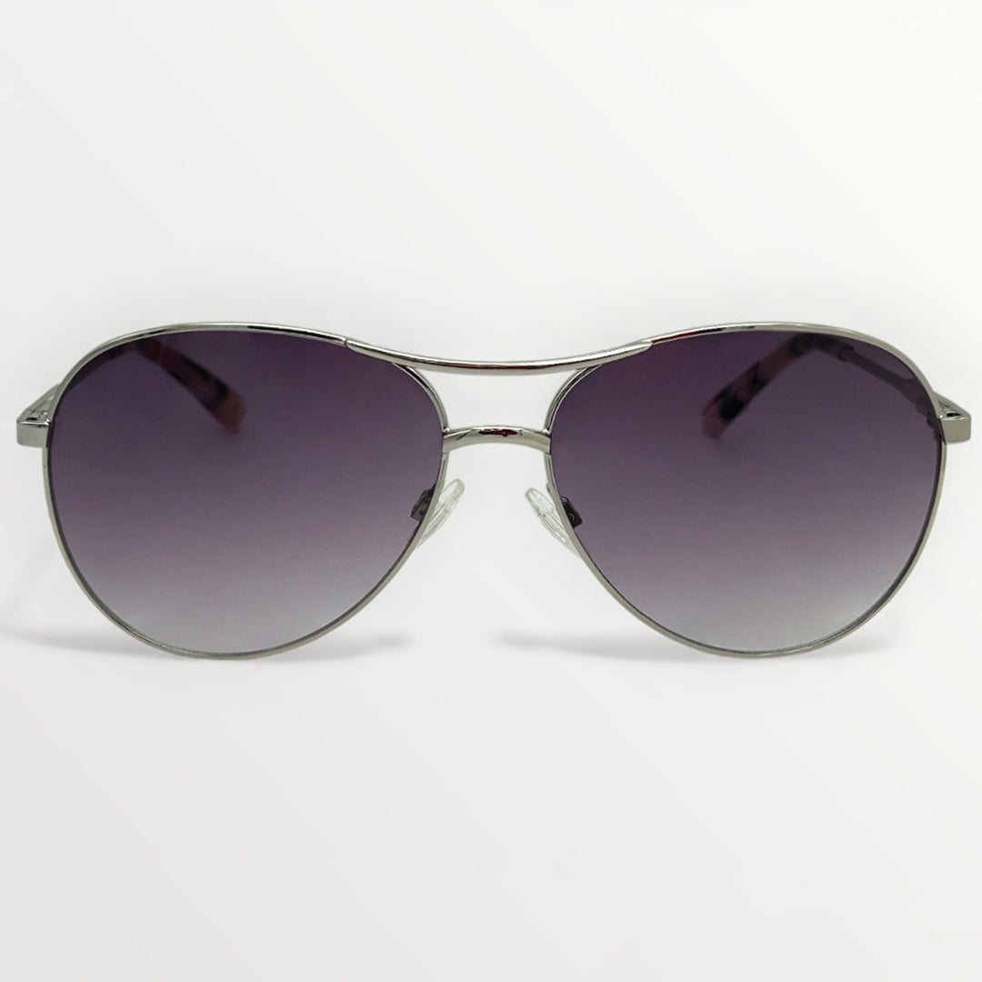 Sunglasses with a gradient purple lens on a white background