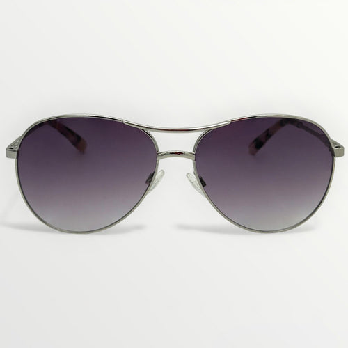 Sunglasses with a gradient purple lens on a white background