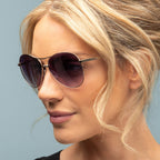 Woman wearing sunglasses with a plain background