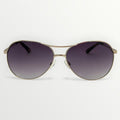 Aviator sunglasses with gold frame and dark lenses on a white background