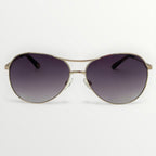 Aviator sunglasses with gold frame and dark lenses on a white background