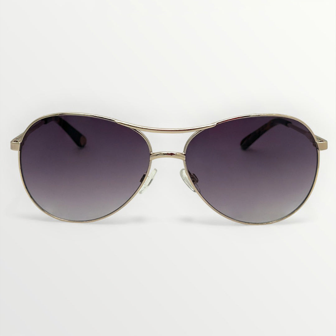 Aviator sunglasses with gold frame and dark lenses on a white background