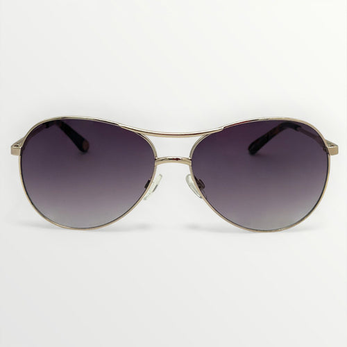 Aviator sunglasses with gold frame and dark lenses on a white background
