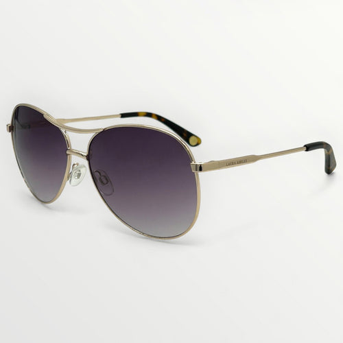 Gold-framed sunglasses with gradient lenses on a white background