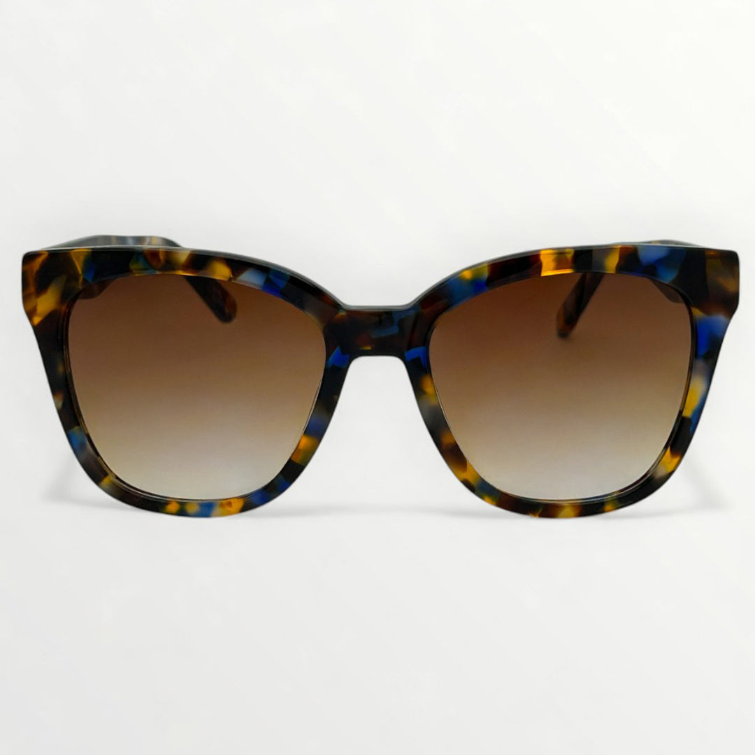 Sunglasses with tortoiseshell frame and brown gradient lenses on a white background