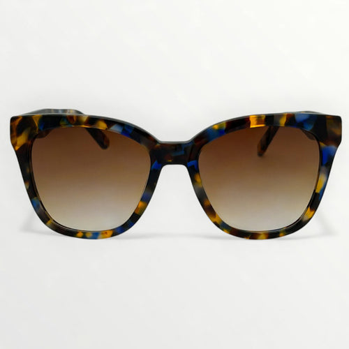 Sunglasses with tortoiseshell frame and brown gradient lenses on a white background
