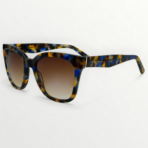 Sunglasses with tortoiseshell frame and gradient lenses on a white background