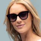 Woman wearing black sunglasses with a plain background