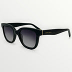 Black sunglasses with gold logo on a white background