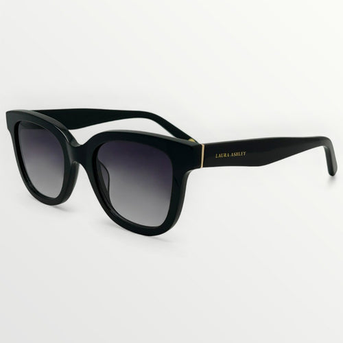 Black sunglasses with gold logo on a white background