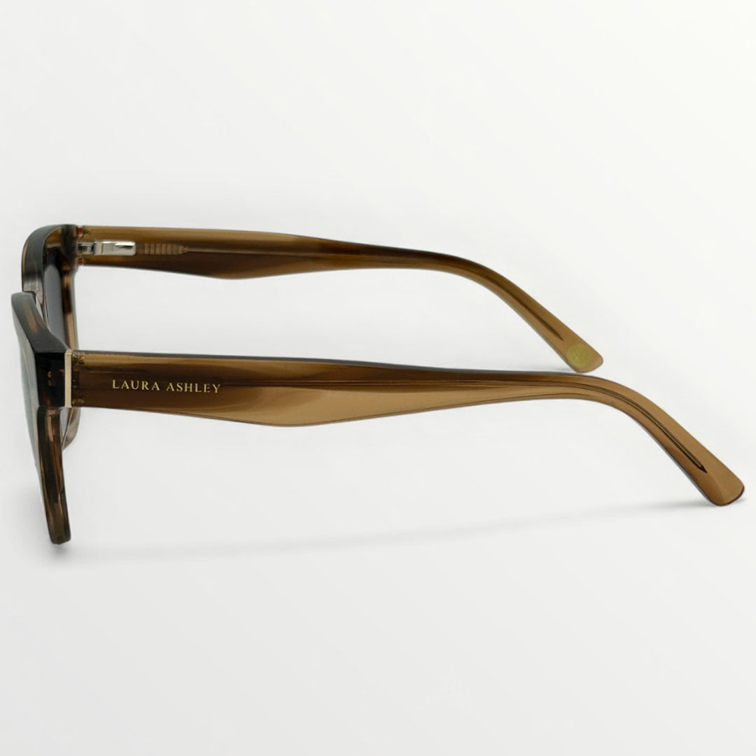 Brown sunglasses with 'Laura Ashley' branding on a white background