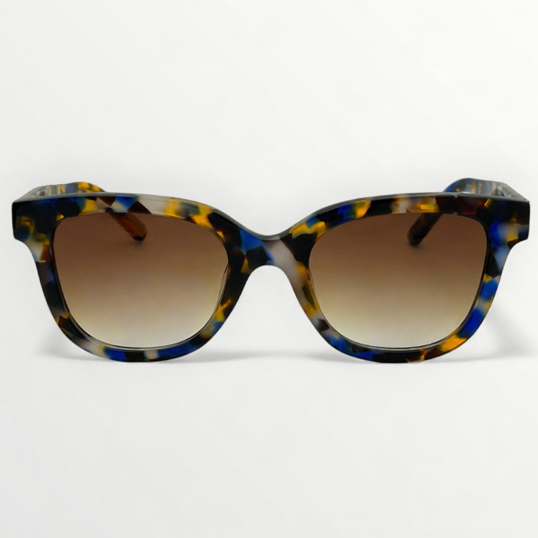 Sunglasses with a tortoiseshell frame and brown gradient lenses on a white background