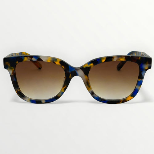 Sunglasses with a tortoiseshell frame and brown gradient lenses on a white background