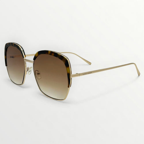 Sunglasses with gold frame and gradient lenses on a white background