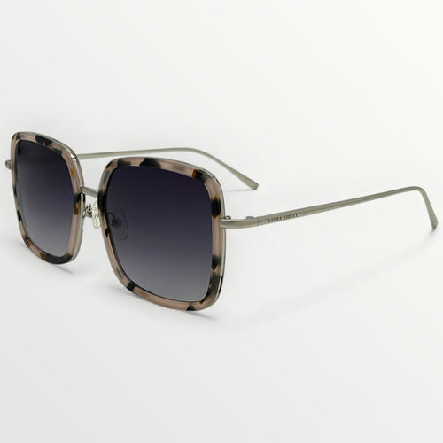Sunglasses with tortoiseshell frame and dark lenses on a white background
