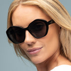 Close-up of a woman wearing black sunglasses against a light gray background