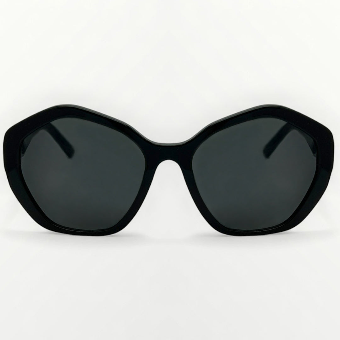 Black sunglasses with dark lenses on a white background