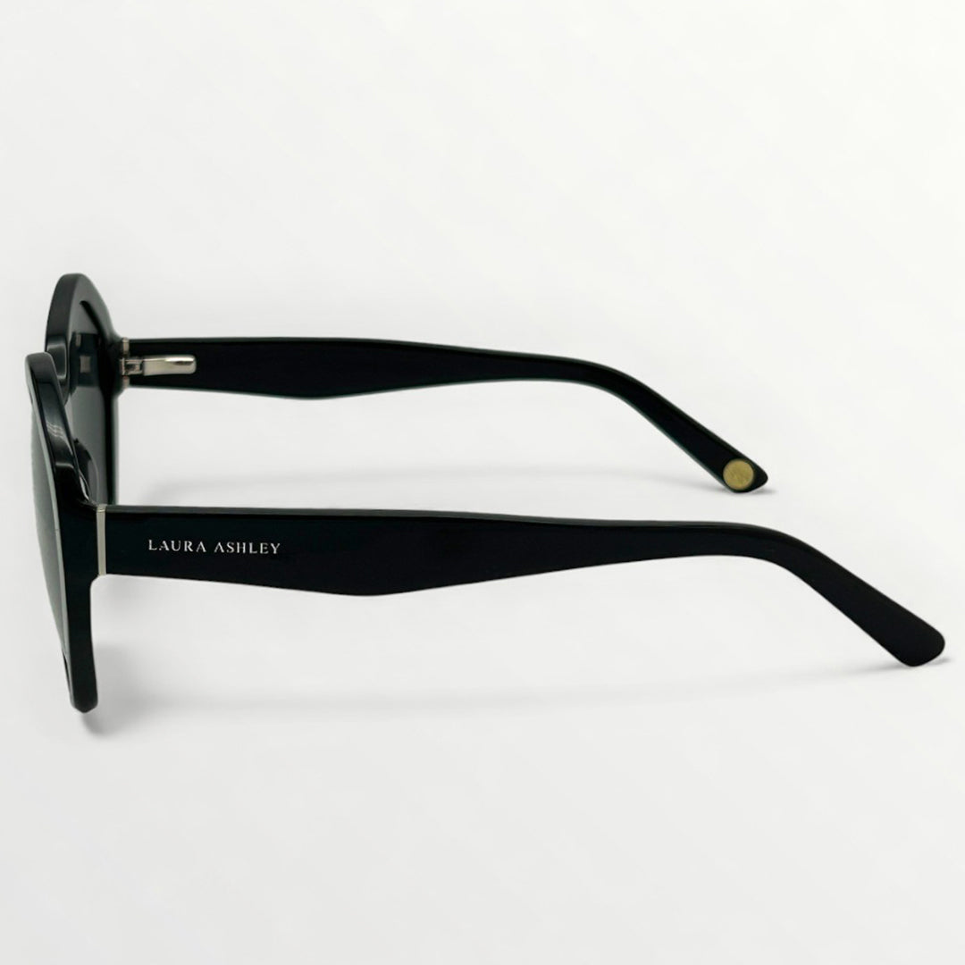 Black sunglasses with 'Laura Ashley' branding on a white background