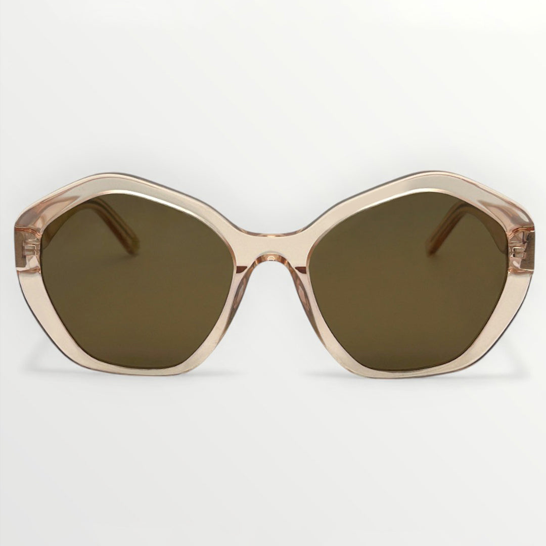Sunglasses with a beige frame and brown lenses on a white background