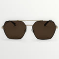 Sunglasses with brown lenses and gold frame on a white background