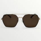 Sunglasses with brown lenses and gold frame on a white background