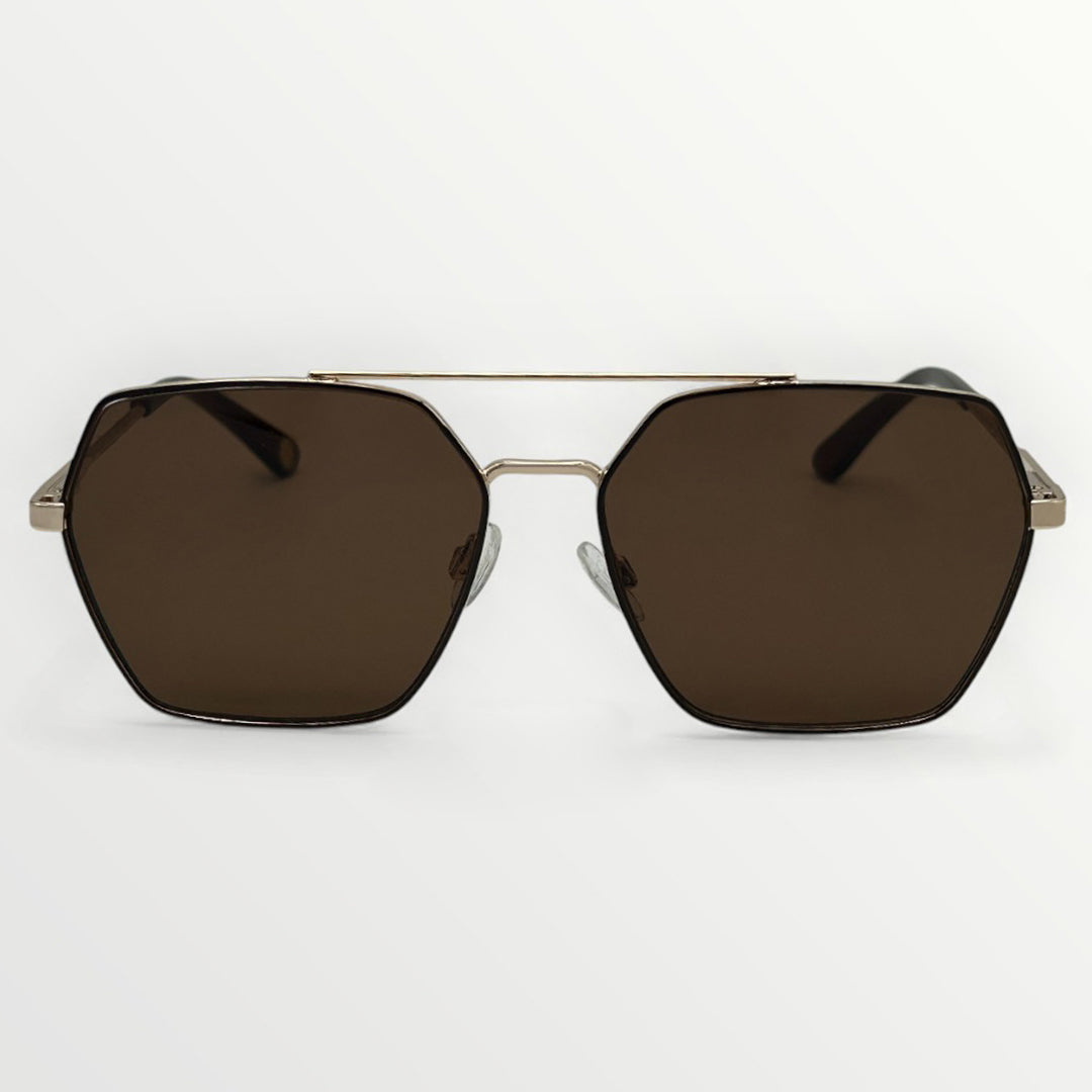 Sunglasses with brown lenses and gold frame on a white background