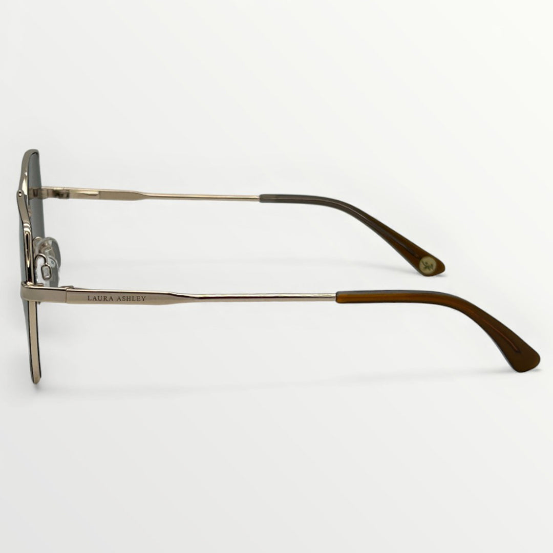 Eyeglasses with brown and gold frame on a white background