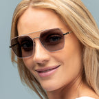 Close-up of a woman wearing sunglasses with a plain background