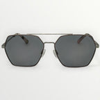 Sunglasses with dark lenses and metallic frame on a white background