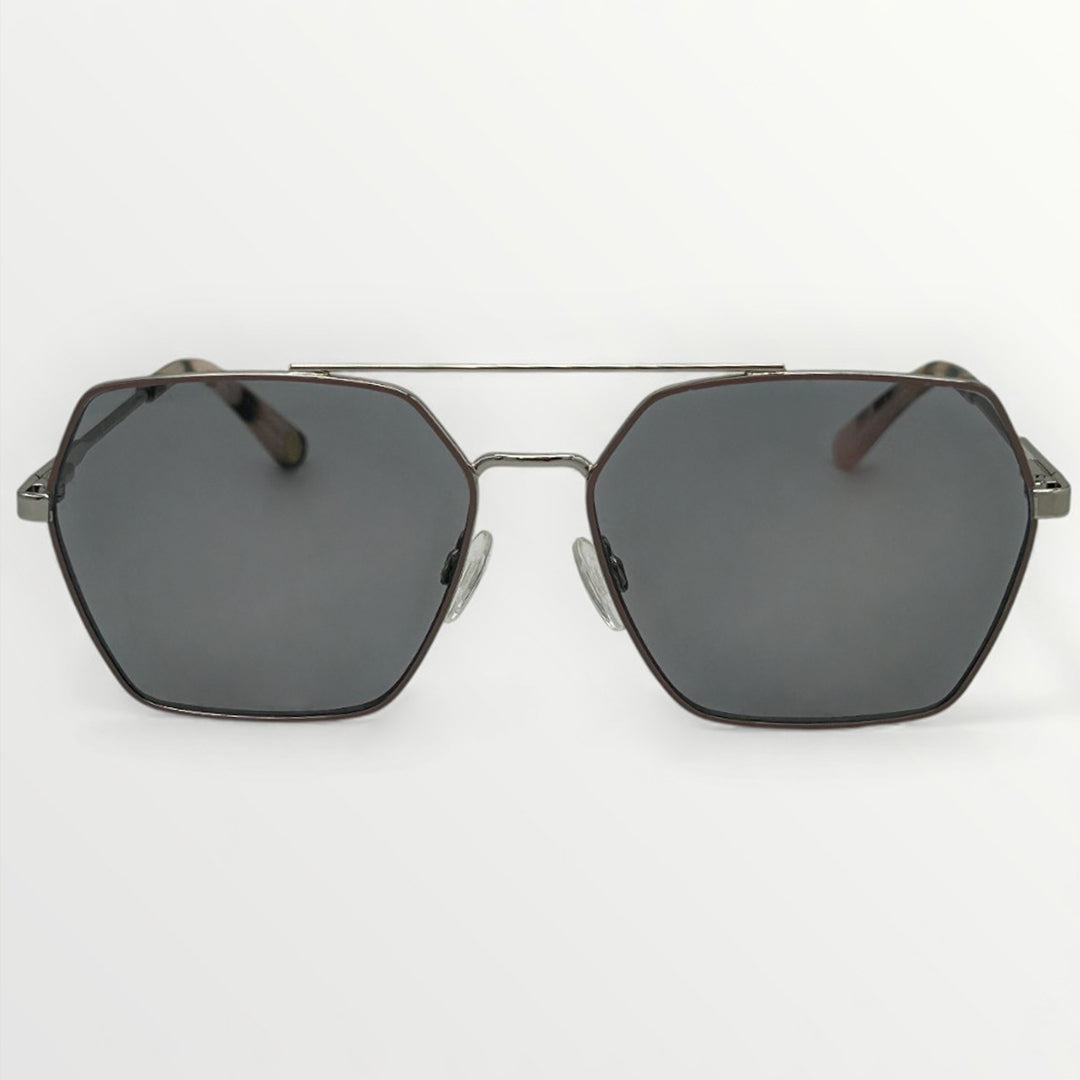Sunglasses with dark lenses and metallic frame on a white background