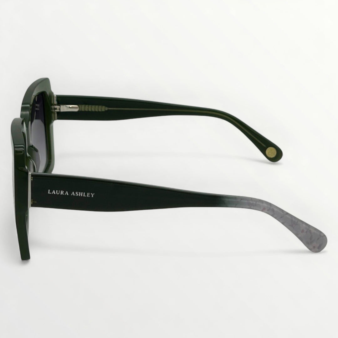 Black sunglasses with 'Laura Ashley' branding on a white background