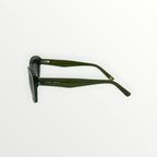 Sunglasses with green frame and black lenses on a white background